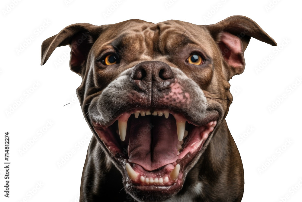 A pit bull dog showing fangs isolated on a transparent background.