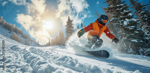 Winter sport snowboarding. A snowboarder rides from a snow-capped mountain against the backdrop of nature, landscape and mountains. Dynamic illustration photo