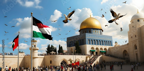Palestine Living peacefully at AL Aqsa, cinematic , Palestines flag at the sky, flag at every mosque, pigeons flying , digital artwork