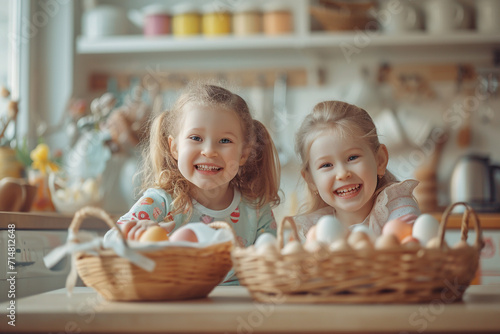 Easter egg hunt preparation, kids in the kitchen, colorful decorations, festive family activity