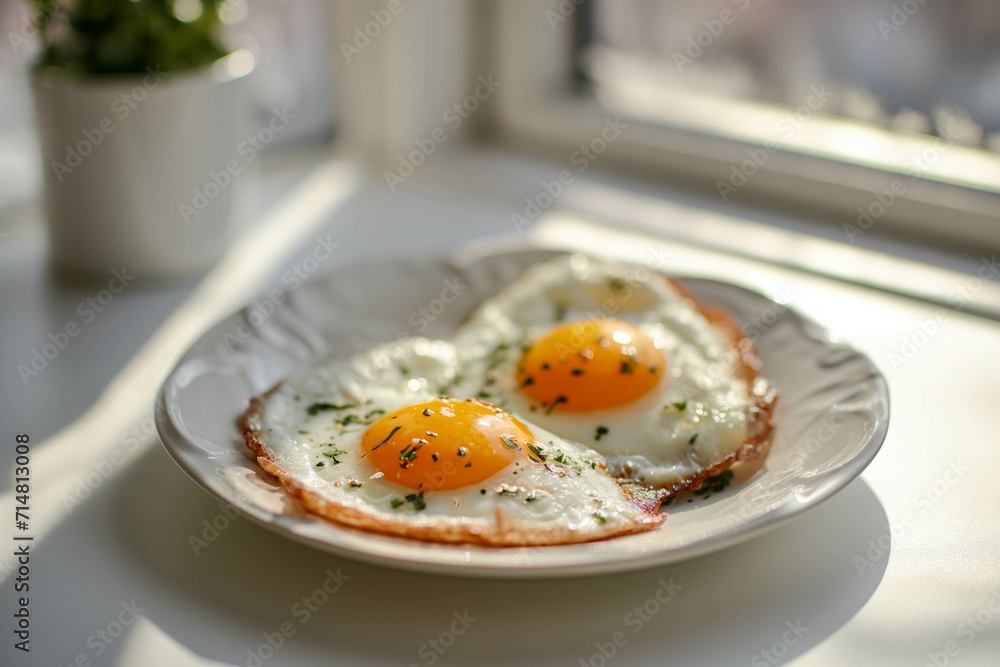 Fried eggs in a white plate flooded with morning sunlight by the window Fried eggs in a white plate flooded with morning sunlight by the window