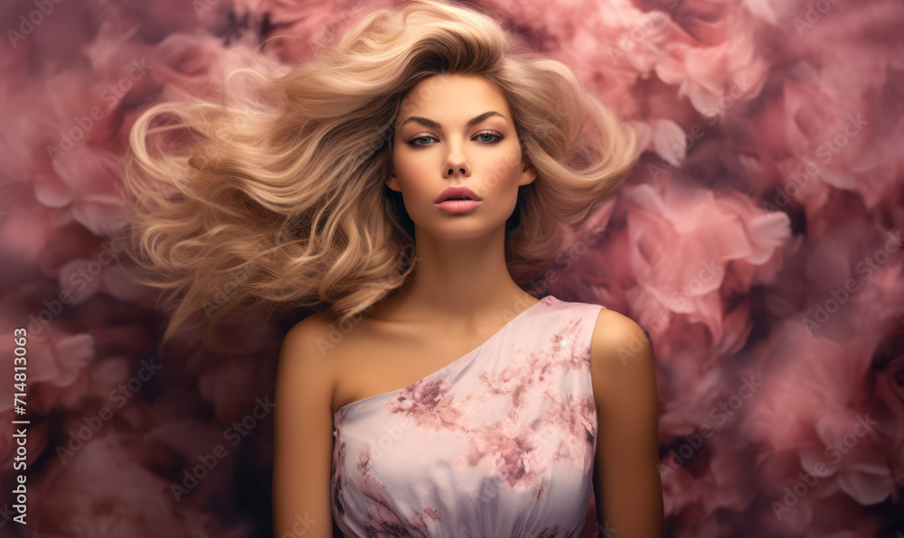 Ethereal Portrait of a Stunning Blonde Woman with Voluminous Hair and a Floral Dress against a Dreamy Pink Cloud Background Ethereal Portrait of a Stunning Blonde Woman with Voluminous Hair and a Floral Dress against a Dreamy Pink Cloud Background