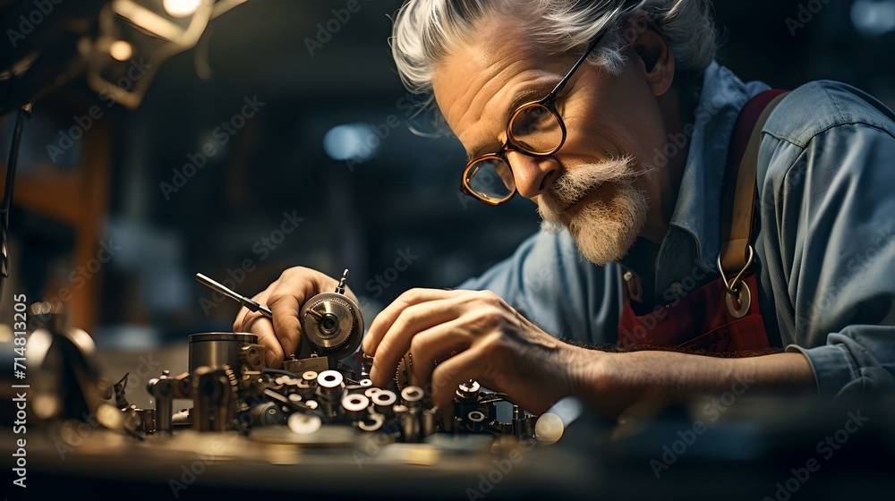 Focused craftsman repairing intricate mechanical parts in a dimly lit workshop Focused craftsman repairing intricate mechanical parts in a dimly lit workshop