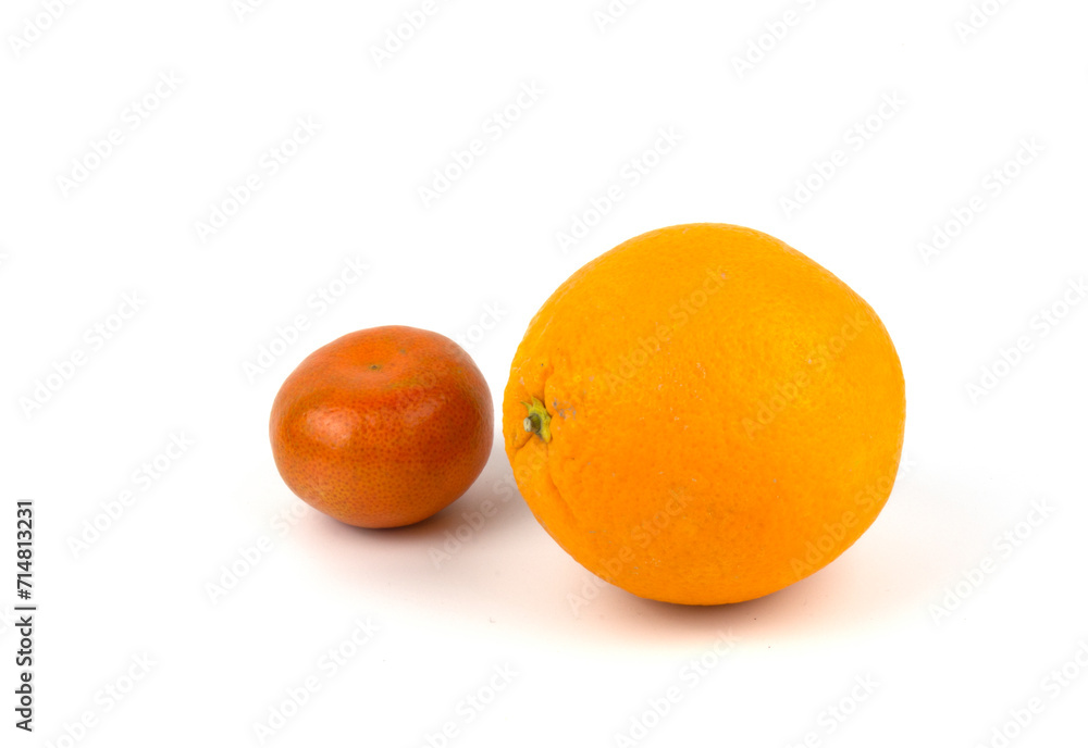 Orange and tangerine isolated on a white background. Citrus fruits in close-up. Orange and tangerine isolated on a white background. Citrus fruits in close-up.