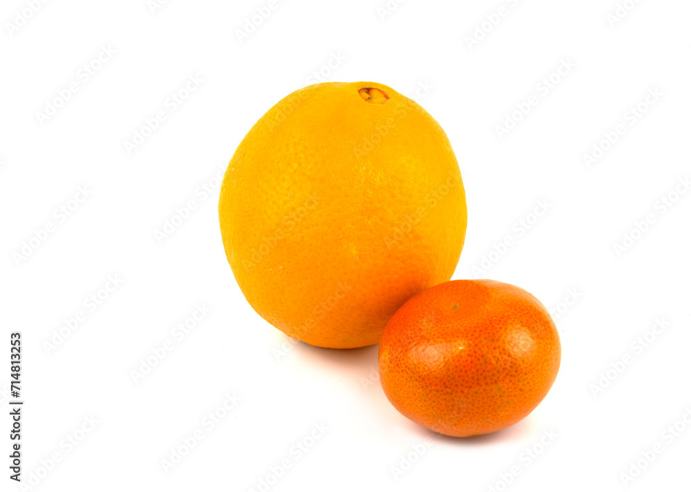Orange and tangerine isolated on a white background. Citrus fruits in close-up. Orange and tangerine isolated on a white background. Citrus fruits in close-up.