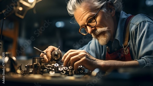 Focused craftsman repairing intricate mechanical parts in a dimly lit workshop © Tatyana