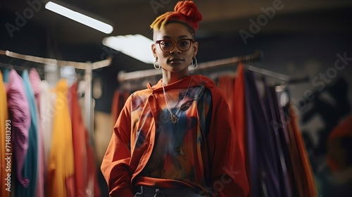 Stylish young fashion designer standing confidently in a vibrant clothing workshop