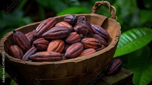 Raw unpeeled cocoa beans in a basket 