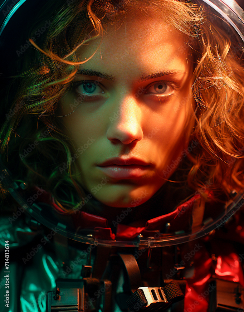 Magazine cover with a charming photo in cyberpunk style. The bright lighting and smoky background create an edgy aesthetic. The captivating image of the model attracts readers to study the problem.