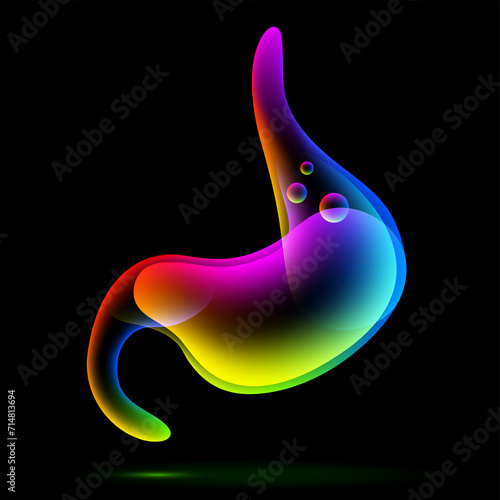 Illustration of a human stomach with multiple colors overlapping to form the shape of a stomach with digestive juices floating on a black background. Used in medicine commercial Advertising and indust