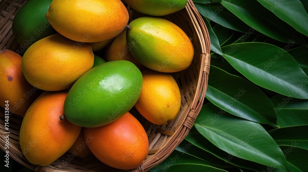 Top view of ripe mangoes in a basket banner with copy space. Top view of ripe mangoes in a basket banner with copy space.