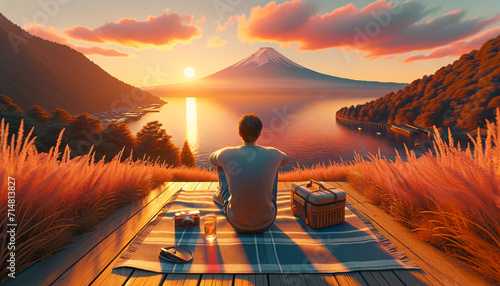 Back view of a solo traveler enjoying a picnic with a camera at sunset by Lake Fuji, perfect for social media ads. AI Generated.