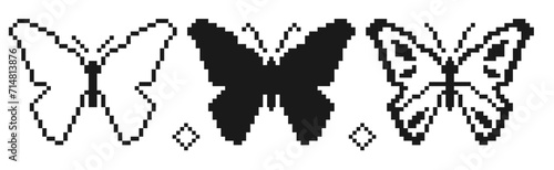 Pixel Art Butterfly Trio. Monochrome Pixelated Butterfly Illustrations. 8-bit Style Insect Icons. Retro Video Game Aesthetic with Black and White Color Scheme