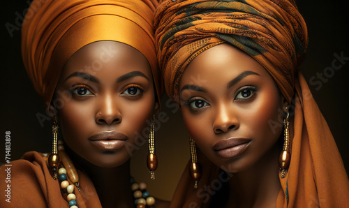 Fényképezés Twin African Queens with Graceful Headwraps Reflecting Cultural Elegance and Sis