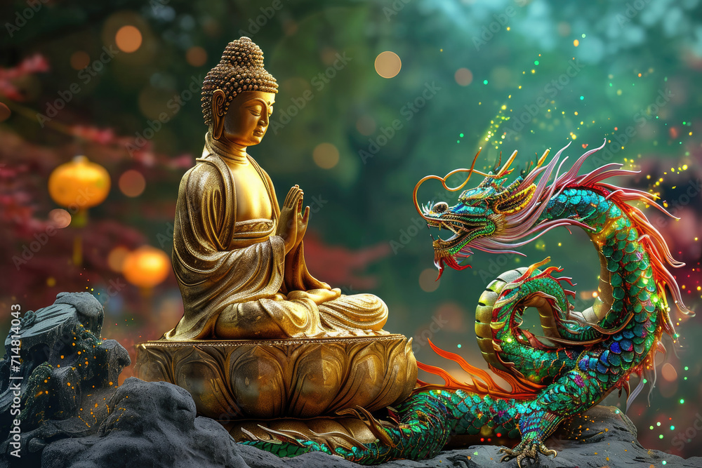 glowing golden buddha with glowing colorful cartoon dragon, nature background