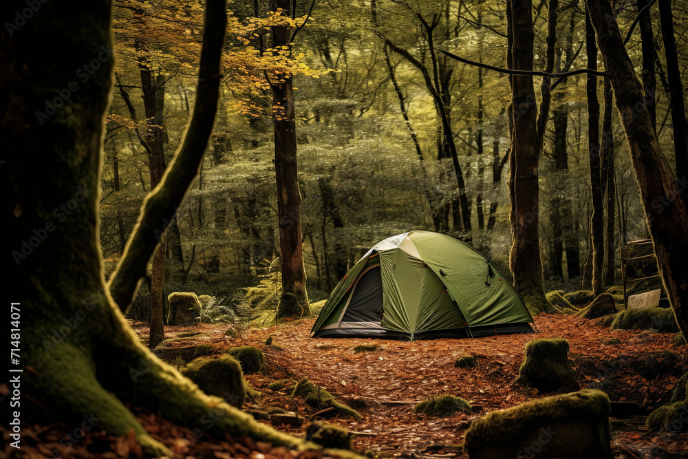 A tent inside a forest - obrazy, fototapety, plakaty 