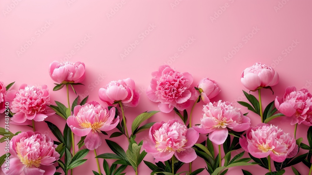 Minimalistic Peony Flowers on Pink Background with Copyspace AI Generated