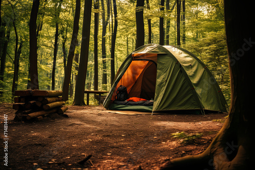 A tent inside a forest