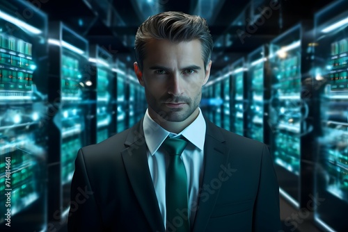 A tech industry professional dressed in a suit poses in a high-tech data center environment