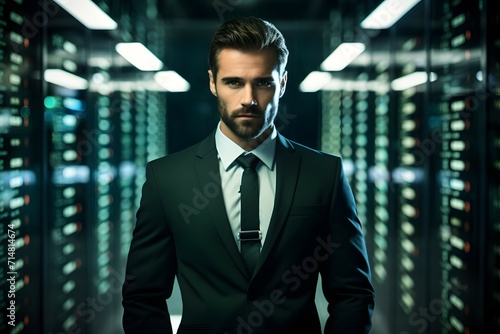 A tech industry professional dressed in a suit poses in a high-tech data center environment