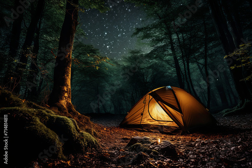 A tent inside a forest