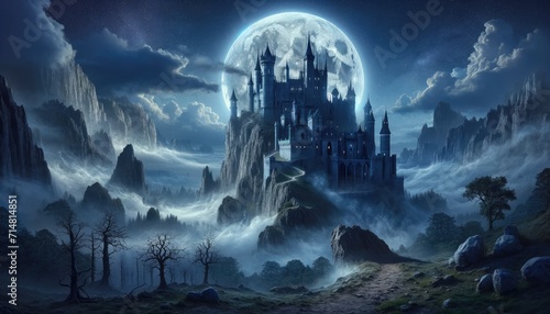 A gothic castle stands tall under a star-studded sky, with the moon casting a luminous backdrop over the mist-enveloped valley