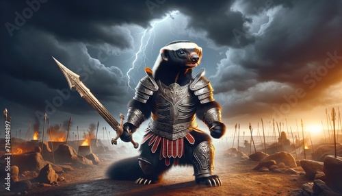 An imposing honey badger in ornate battle armor stands ready on a war-torn battlefield, with lightning splitting the sky at dusk photo