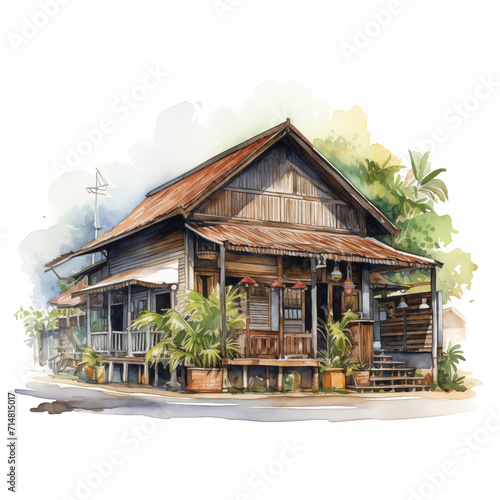 Rumah Kampung Malaysia, wooden house in watercolor
