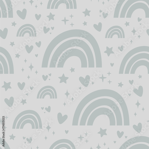Grey seamless pattern with rainbows and hearts