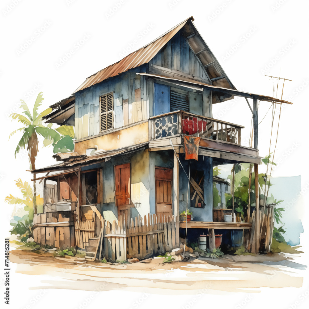 Rumah Kampung Malaysia, wooden house in watercolor