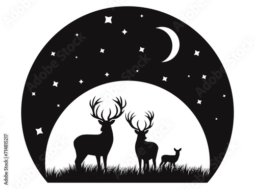 Family of three deer under moon starry sky walking in meadow. Black vector silhouette. 