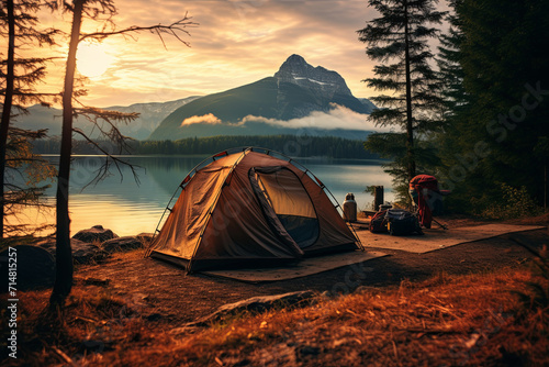 A tent besides a beautiful lake photo