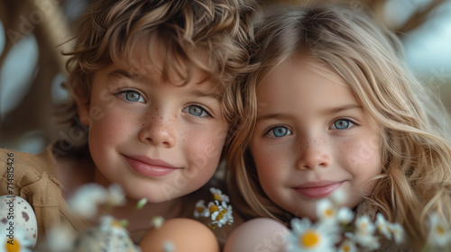 A portrait of beautiful and cute brother and sister with blue eyes in front of colourful Easter eggs and daisies.