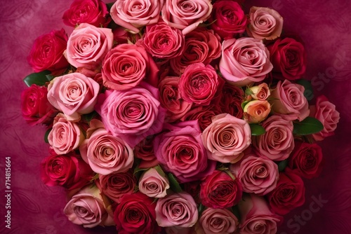 Bouquet of pink and red roses on a pink background. Close-up. Top view.