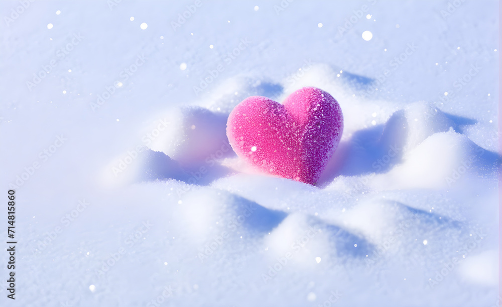 Obraz premium A soft pink heart on the snowfield, background, Valentine's Day, Christmas. Generative AI