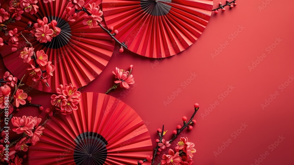 Chinese New Year celebration background with red paper fans and flowers. Asia traditional cultural decoration. Empty space. decoration backdrop idea