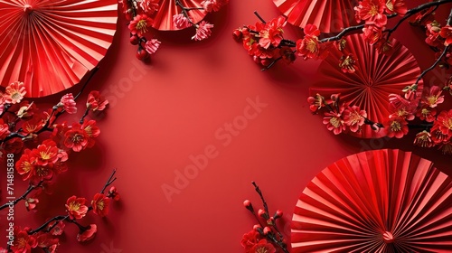 Chinese New Year celebration background with red paper fans and flowers. Asia traditional cultural decoration. Empty space. decoration backdrop idea