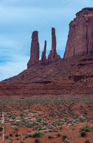 View of the Three Sisters red rocks In Monument Valley, Navajo Nation, Arizona - Utah