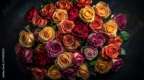 Bouquet of colorful roses on a wooden table with dark background 