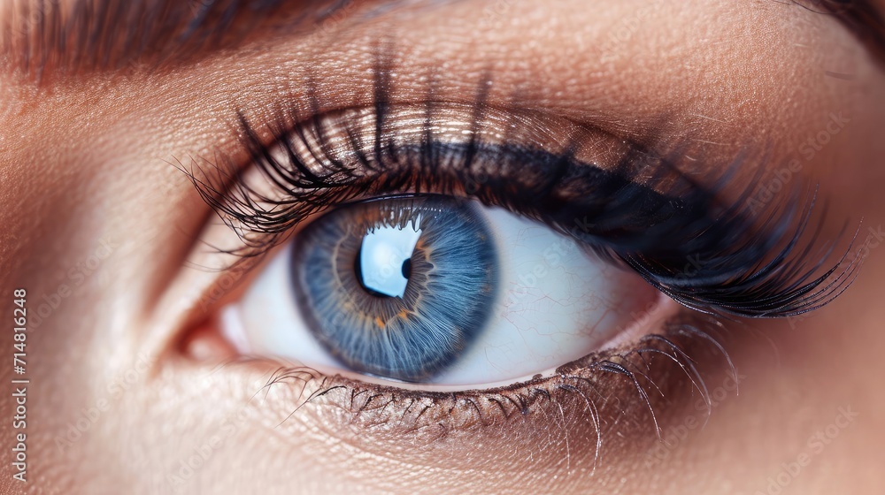 Obraz premium Female Eye with Extreme Long False Eyelashes. Eyelash Extensions. Makeup, Cosmetics, Beauty. Close up, Macro