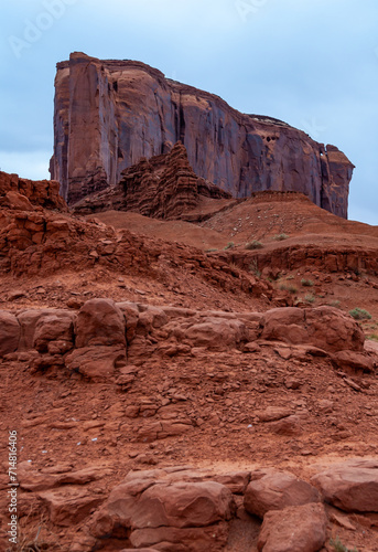 Desert landscape with red rocks and dry vegetation on red sands in Monument Valley, Navajo Nation, Arizona - Utah