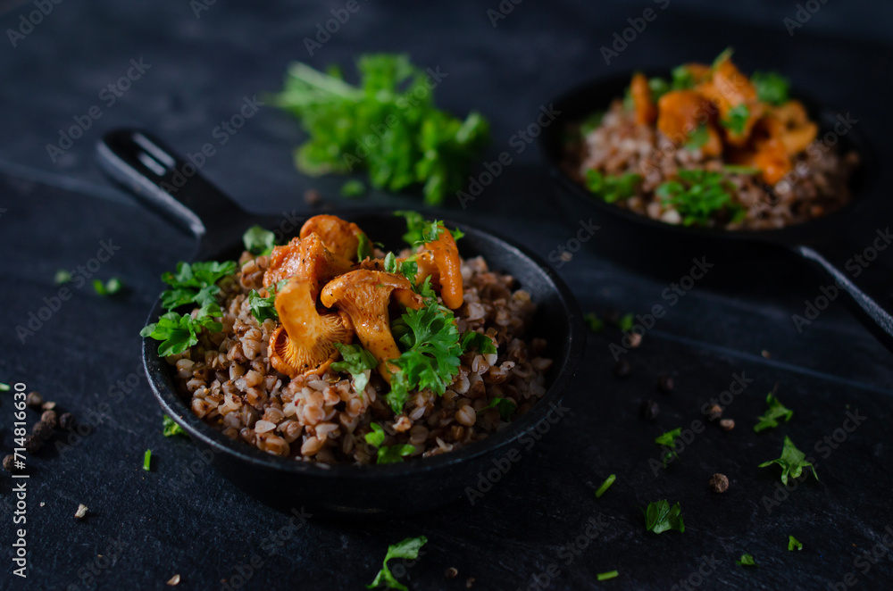 buckwheat groats baked with chanterelles sprinkled with parsley buckwheat groats baked with chanterelles sprinkled with parsley