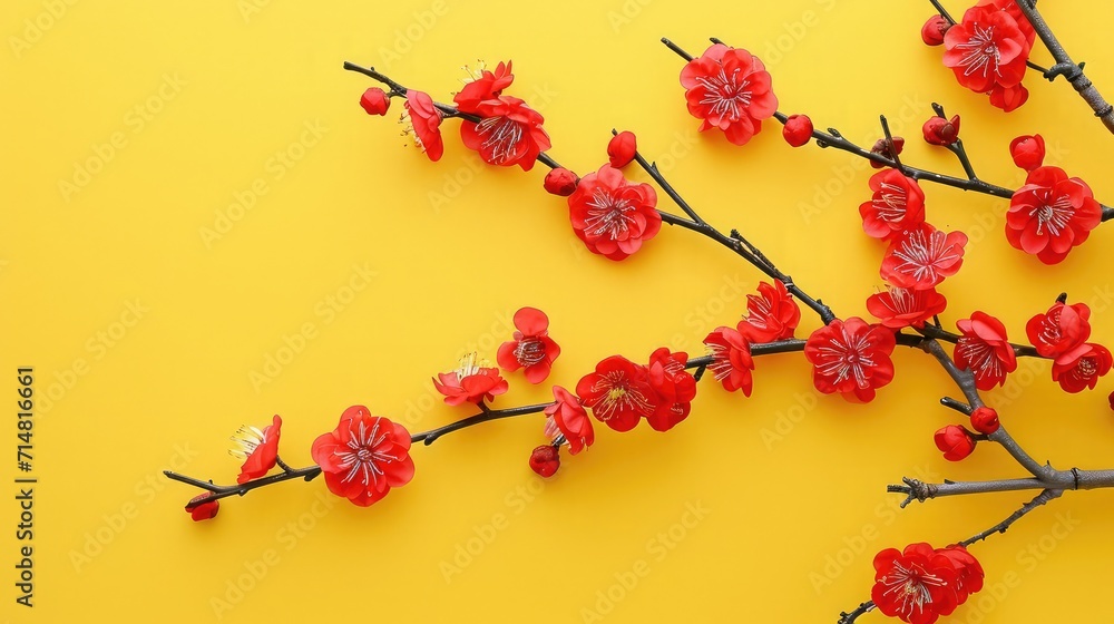 Red apricot blossom branch on yellow background. Flat lay. Chinese new year decoration.