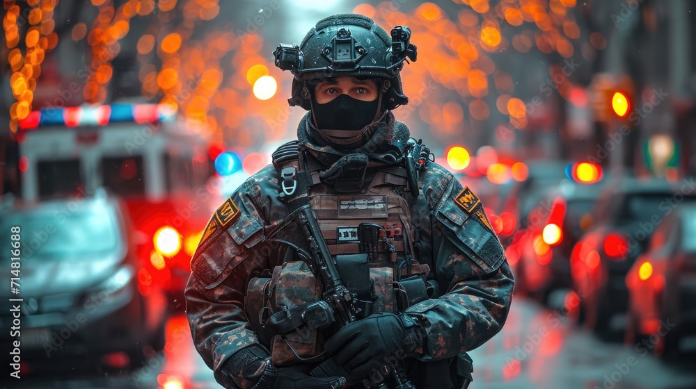 A Bomb Squad Officer in Protective Gear Deploying a Robot to Disarm an Explosive Device in an Urban Area A Bomb Squad Officer in Protective Gear Deploying a Robot to Disarm an Explosive Device in an Urban Area