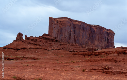 Desert landscape with red rocks and dry vegetation on red sands in Monument Valley  Navajo Nation   Arizona - Utah