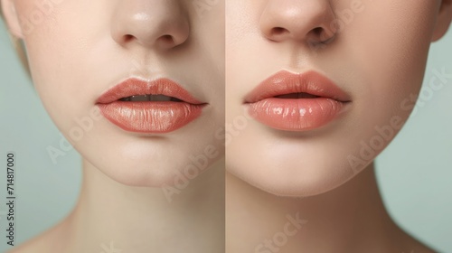 Young woman before and after treatment of dry lips  closeup