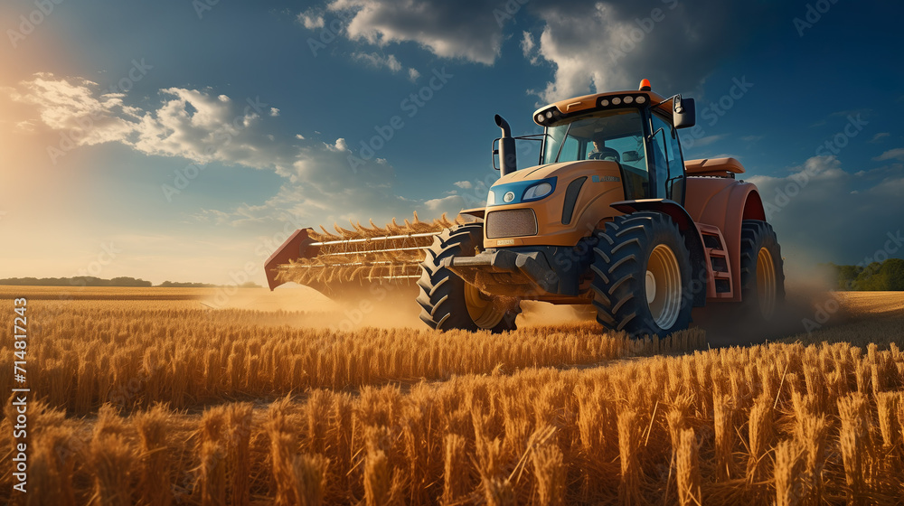 Obraz premium Tractor on field during agricultural harvest of grain with agricultural machinery, Farmer | Generative AI
