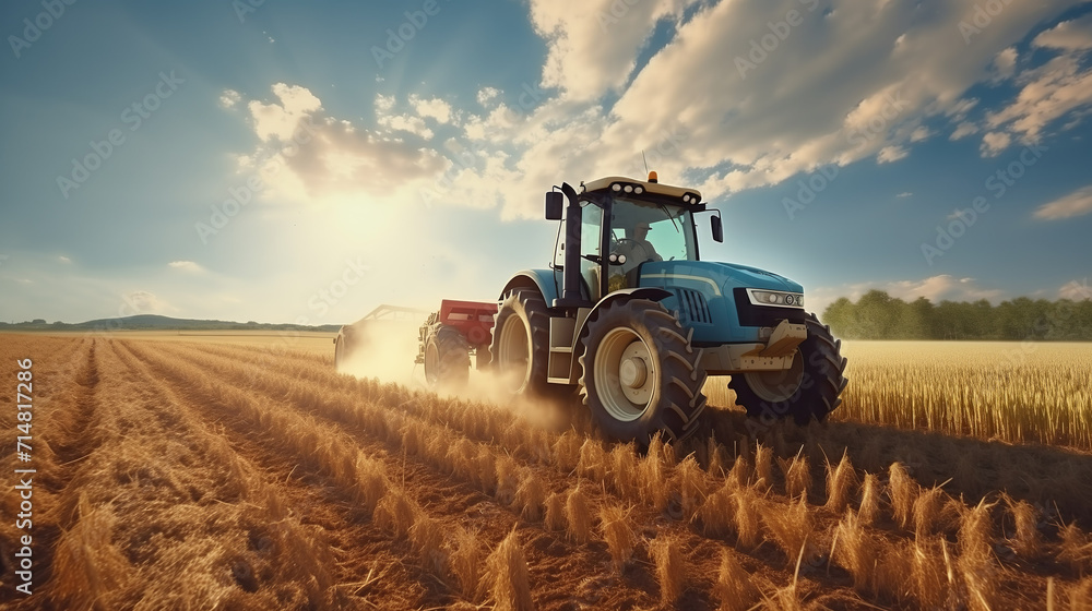 Obraz premium Tractor on field during agricultural harvest of grain with agricultural machinery, Farmer | Generative AI