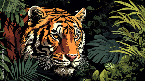 Cool looking closeup tiger in jungle in comic illustration style.