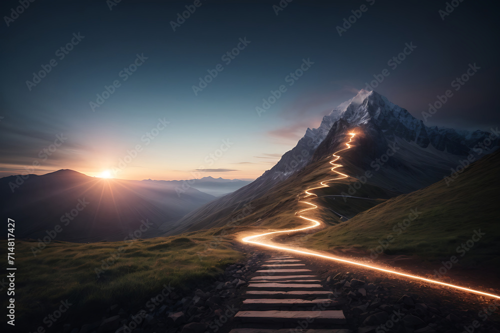 Path to success concept, with a glowing light path going up the mountain design.